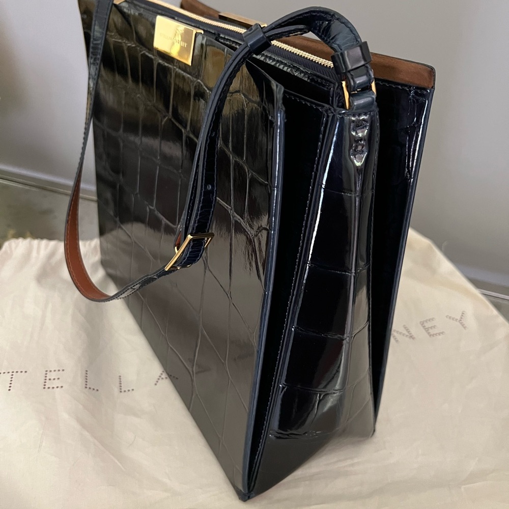 Stella McCartney Black Patent Croc-Embossed Shoulder Bag with Brown Strap - Picture 3 of 12